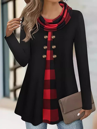 Loose Long Sleeve Crew Neck Plaid Casual Mid-Long Blouse