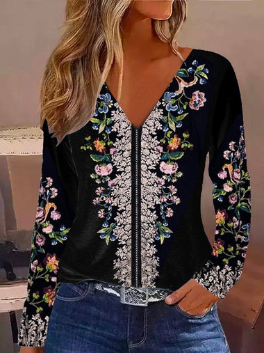 Loose Long Sleeve V Neck Floral Casual Regular T-Shirt