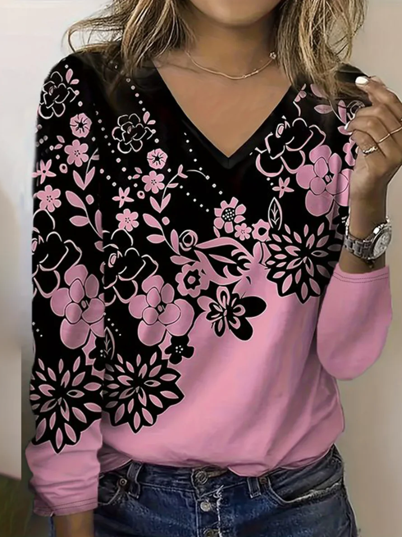 Casual Long Sleeve V Neck Floral Regular T-Shirt