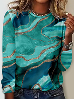 Casual Long Sleeve Crew Neck Geometric Loose Regular T-Shirt