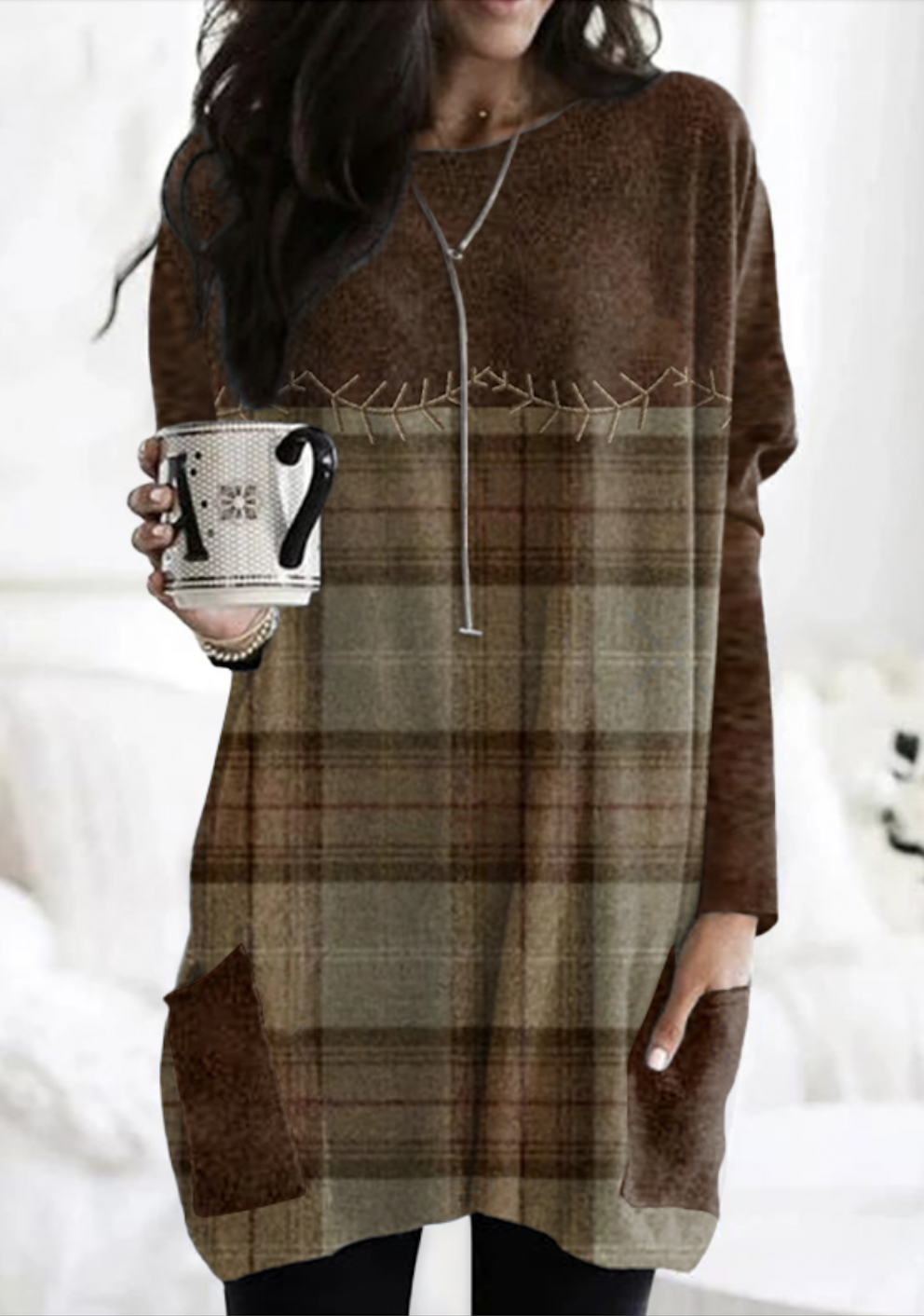Long Sleeve Crew Neck Geometric Vintage Mid-Long T-Shirt