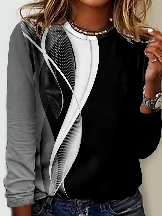 Casual Long Sleeve Crew Neck Geometric Loose Regular T-Shirt