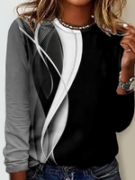 Loose Long Sleeve Crew Neck Geometric Casual Regular T-Shirt