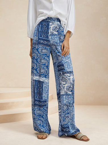 Loose Ethnic Blue Floral Vacation Long Pants