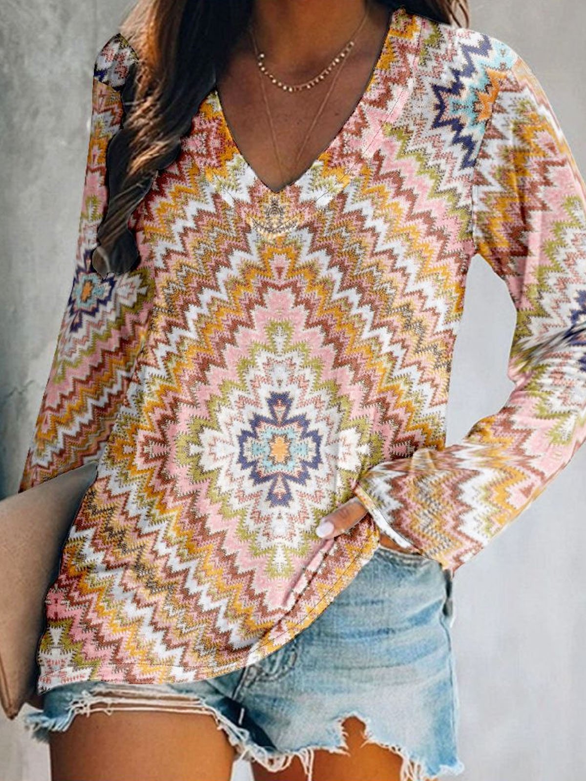 Casual Long Sleeve V Neck Ethnic Loose Regular T-Shirt