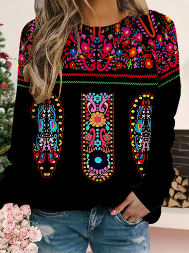Casual Long Sleeve Crew Neck Ethnic Loose Regular Sweatshirt