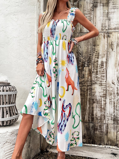 Vacation Sleeveless Spaghetti Geometric Loose Maxi Dress