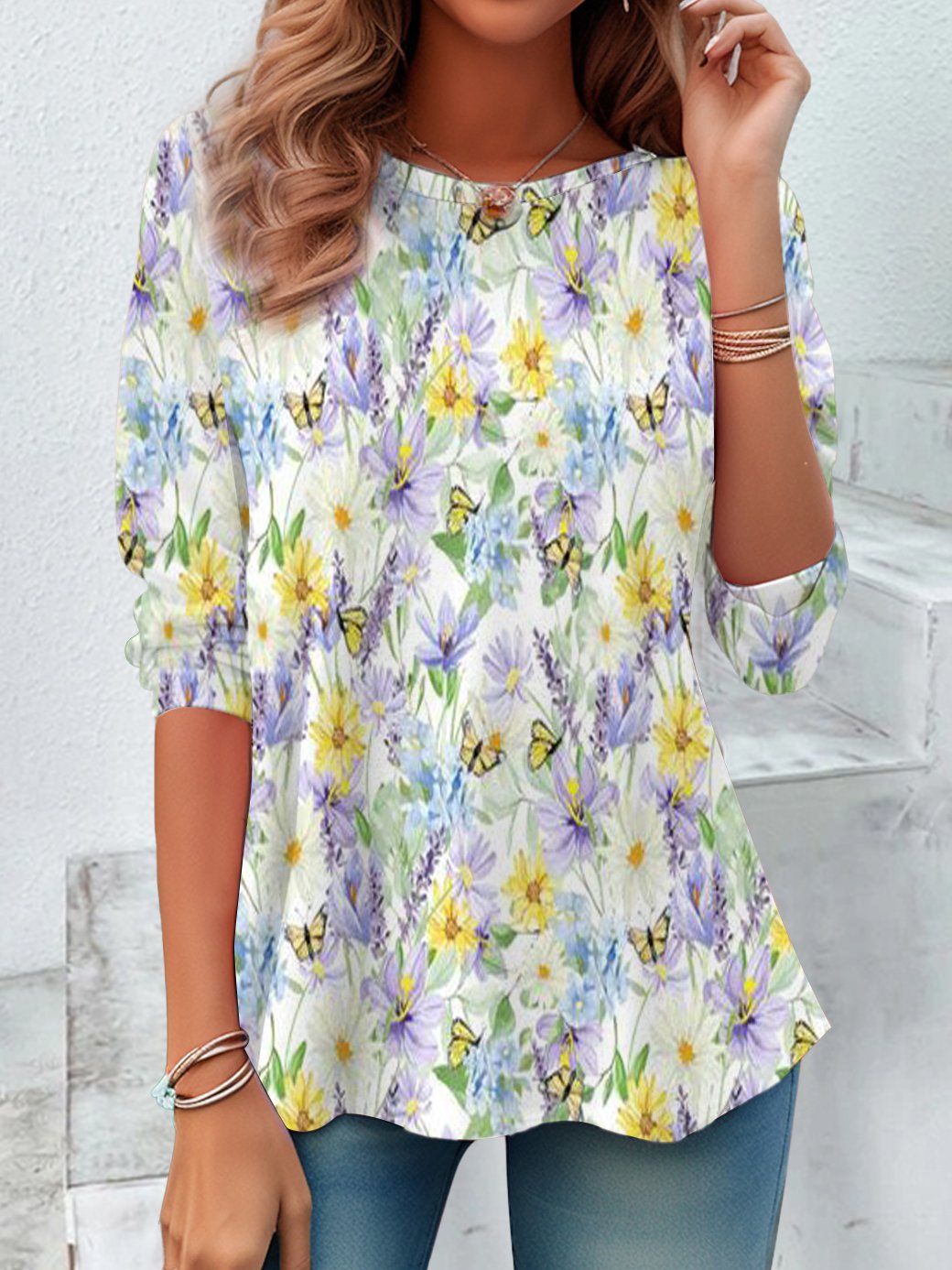 Casual Long Sleeve Crew Neck Floral Loose Regular Blouse