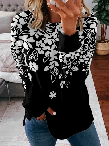 Casual Long Sleeve Crew Neck Floral Loose Regular Sweatshirt