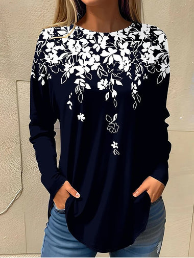 Casual Long Sleeve Crew Neck Floral Loose Regular Blouse