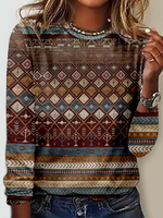 Casual Long Sleeve Crew Neck Ethnic Loose Regular T-Shirt