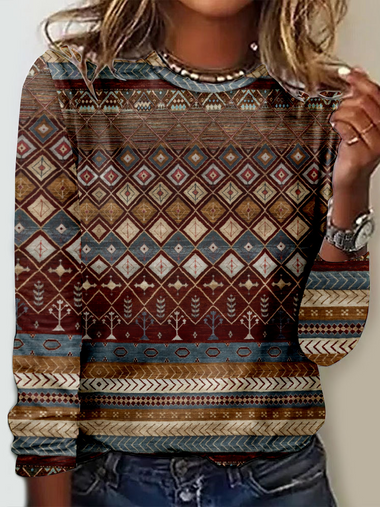Casual Long Sleeve Crew Neck Ethnic Loose Regular T-Shirt