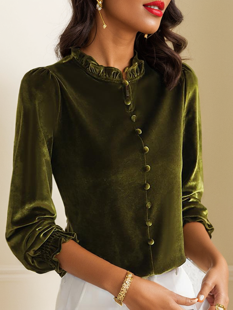 Casual Long Sleeve Lotus Leaf Collar Plain Regular Blouse