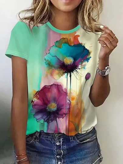 Loose Short Sleeve Crew Neck Floral Casual Regular T-Shirt
