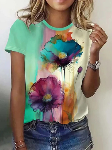 Loose Short Sleeve Crew Neck Floral Casual Regular T-Shirt