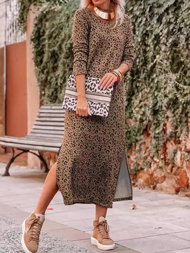 Casual Long Sleeve Crew Neck Leopard Maxi Dress