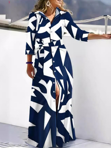 Casual Long Sleeve Striped Lace Maxi Dress