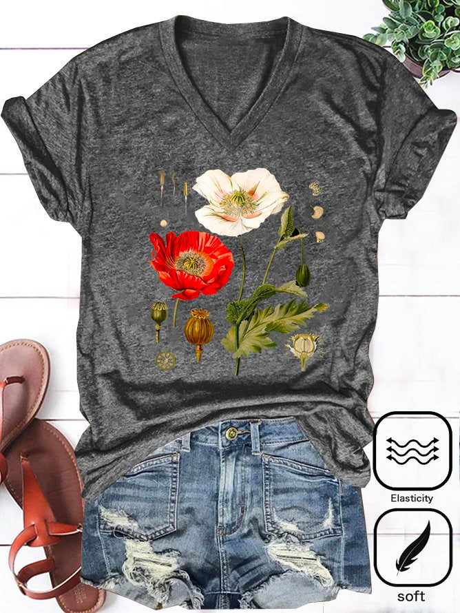 Casual Short Sleeve V Neck Floral Loose Regular T-Shirt
