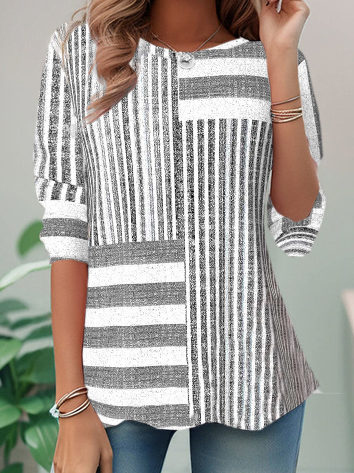 Casual Long Sleeve Crew Neck Geometric Loose Regular T-Shirt