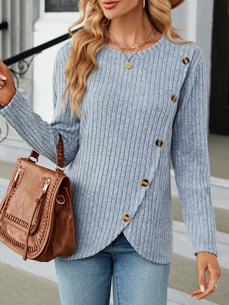 Casual Long Sleeve Crew Neck Plain Irregular Craftsmanship Loose Regular T-Shirt