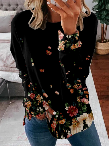 Loose Long Sleeve Crew Neck Floral Casual Regular Sweatshirt