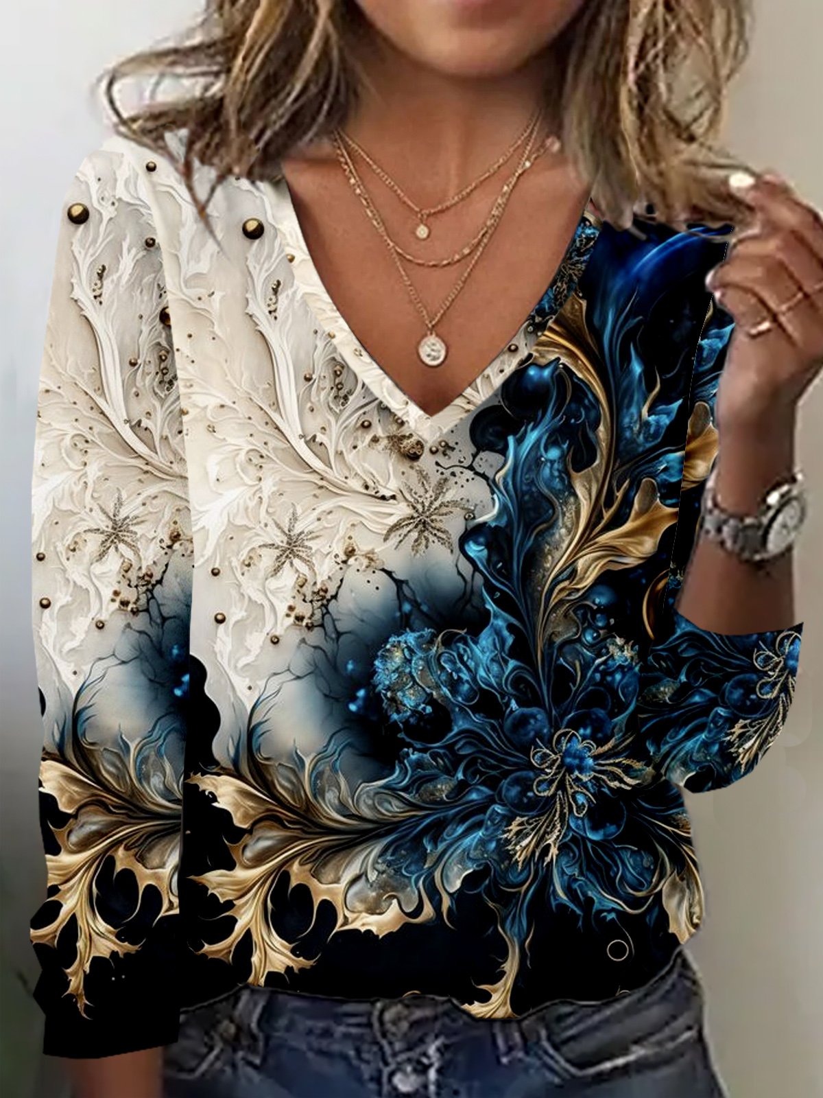 Casual Long Sleeve V Neck Abstract Regular T-Shirt