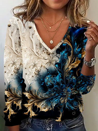 Casual Long Sleeve V Neck Abstract Regular T-Shirt