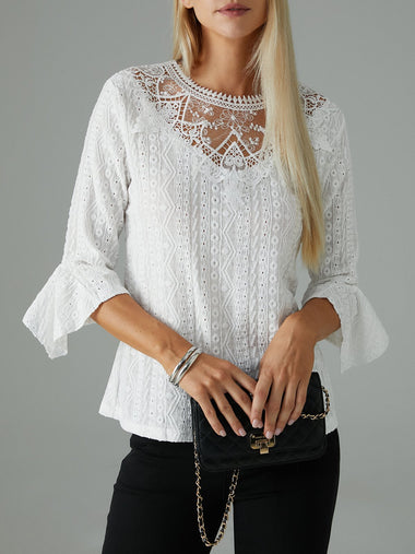 Three Quarter Sleeve Crew Neck Plain Casual Mid-Long Blouse