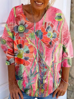 Loose Long Sleeve Crew Neck Ethnic Floral Casual Regular T-Shirt