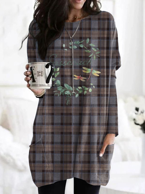 Long Sleeve Crew Neck Geometric Vintage Mid-Long T-Shirt