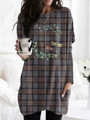 Long Sleeve Crew Neck Geometric Vintage Mid-Long T-Shirt