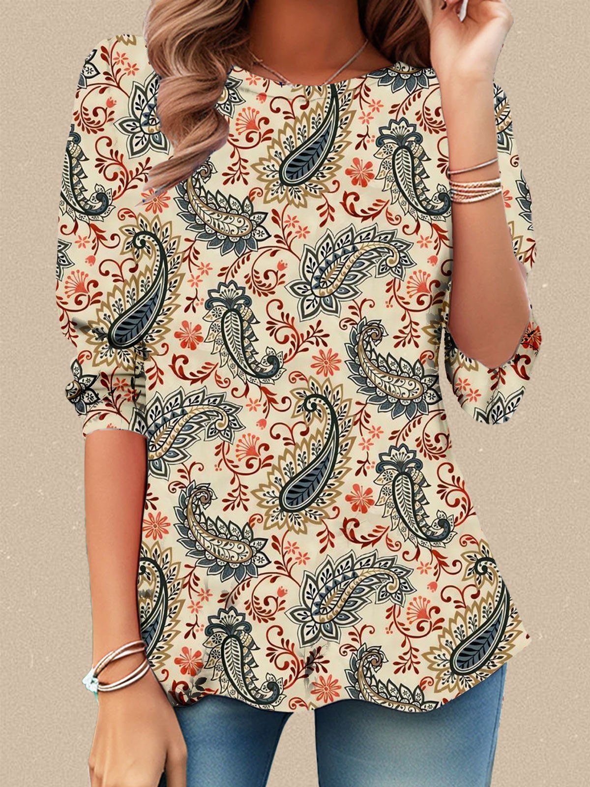 Casual Long Sleeve Crew Neck Floral Loose Regular T-Shirt