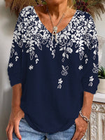 Loose Long Sleeve V Neck Floral Casual Regular T-Shirt