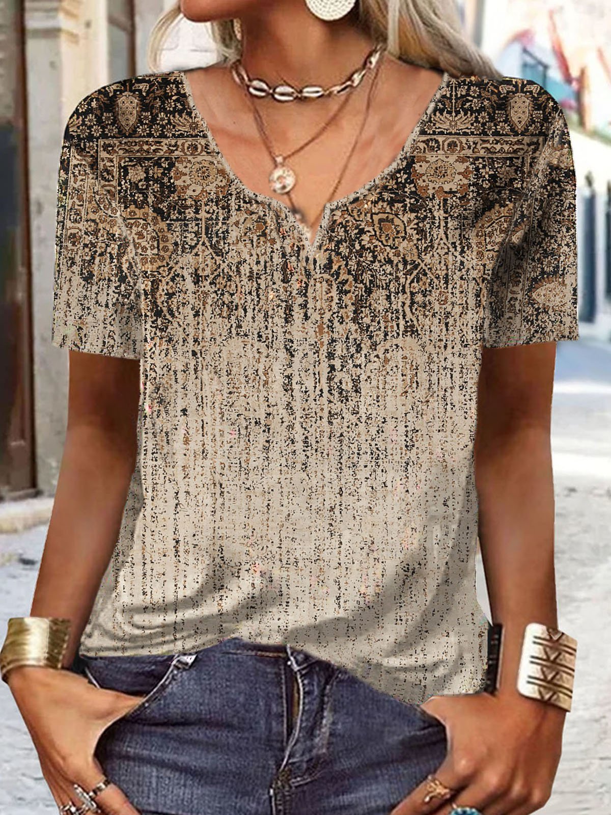 Casual Short Sleeve Notched Ethnic Loose Regular T-Shirt