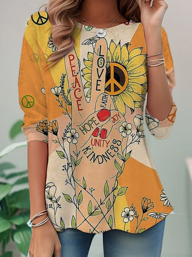 Casual Long Sleeve Crew Neck Floral Loose Regular T-Shirt