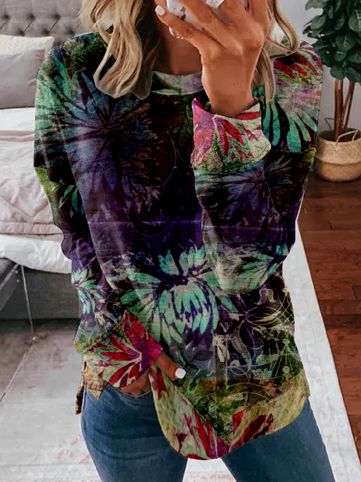 Loose Long Sleeve Crew Neck Ethnic Zipper Casual Regular Sweatshirt