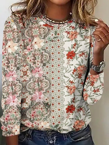 Casual Long Sleeve Crew Neck Floral Loose Regular T-Shirt