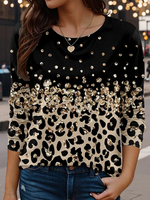 Loose Long Sleeve Crew Neck Leopard Casual Regular T-Shirt