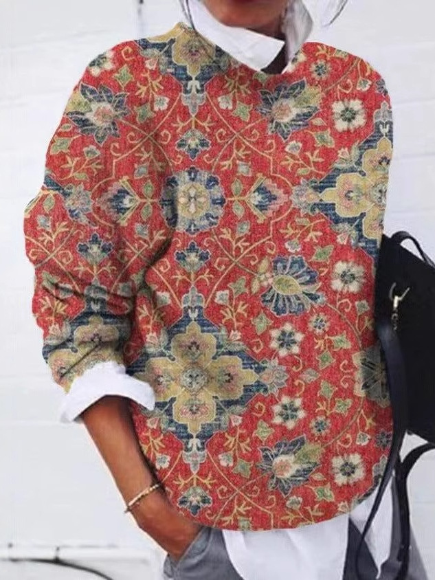 Casual Long Sleeve Crew Neck Ethnic Floral Zipper Loose Regular Sweatshirt