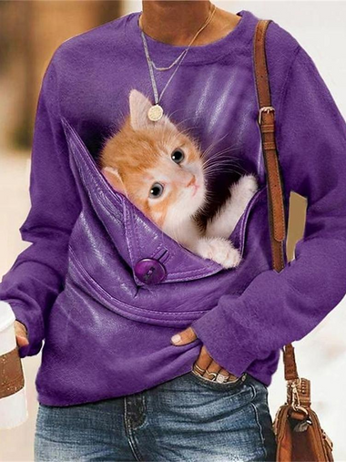 Loose Long Sleeve Crew Neck Cat Casual Regular Sweatshirt