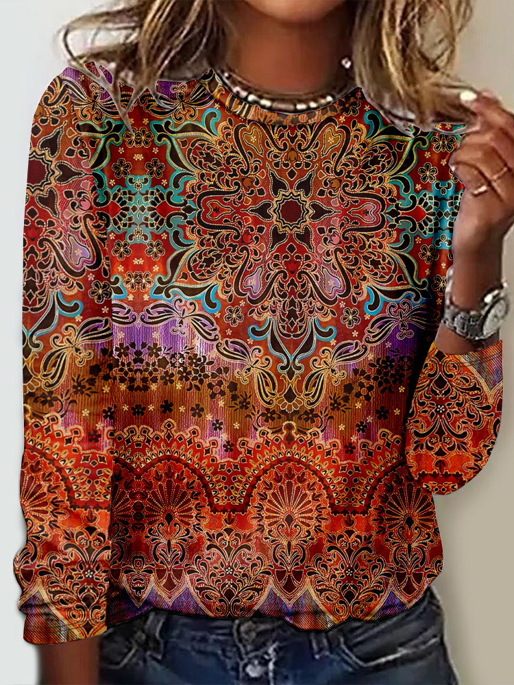 Casual Long Sleeve Crew Neck Ethnic Floral Loose Regular T-Shirt