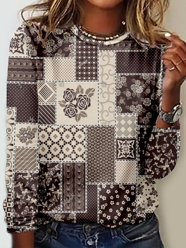 Loose Long Sleeve Crew Neck Geometric Casual Regular T-Shirt