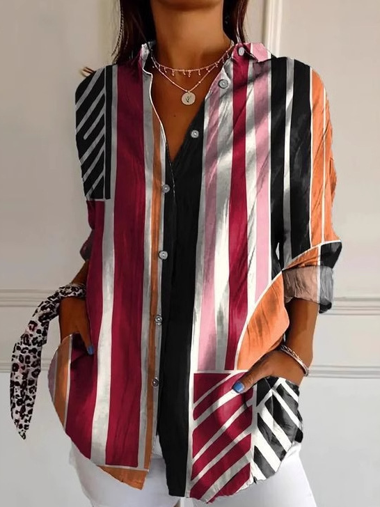 Casual Long Sleeve Shirt Collar Geometric Loose Regular Shirt