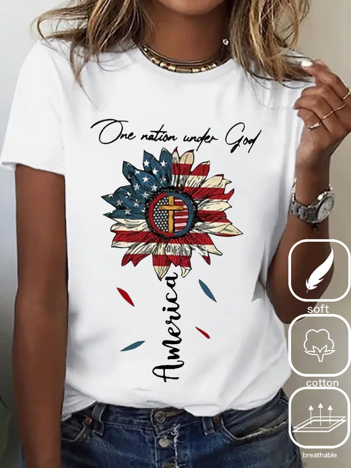 Loose Short Sleeve Crew Neck America Flag Casual Regular T-Shirt