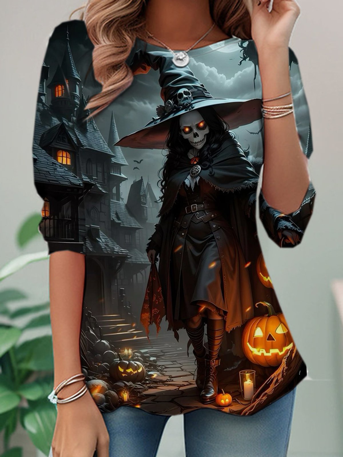 Loose Long Sleeve Crew Neck Halloween Casual Regular T-Shirt