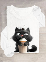 Casual Long Sleeve Crew Neck Cat Loose Regular T-Shirt