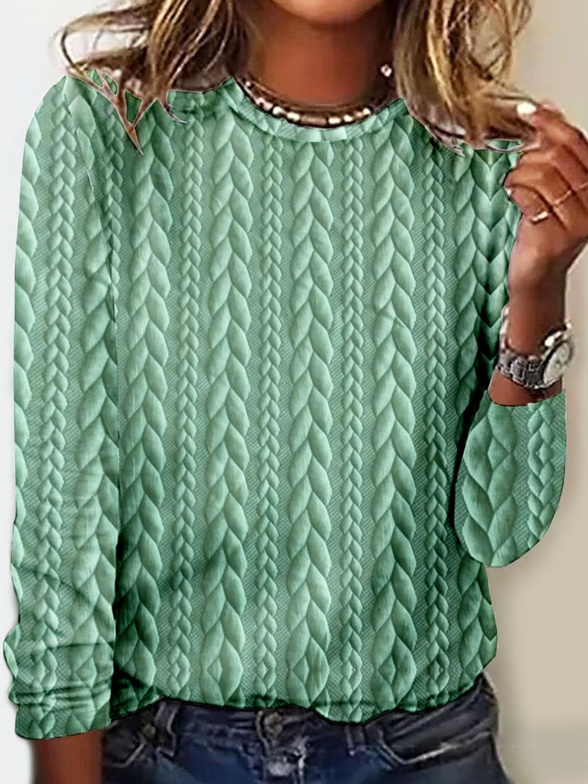 Loose Long Sleeve Crew Neck Geometric Casual Regular T-Shirt