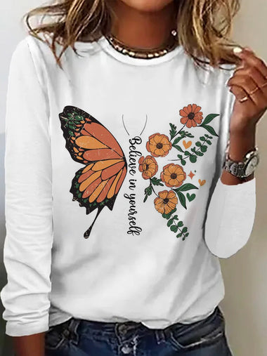 Loose Long Sleeve Crew Neck Floral Butterfly Casual Regular T-Shirt