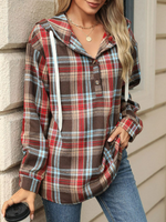Casual Long Sleeve Hoodie Plaid Loose Mid-Long Hoodie