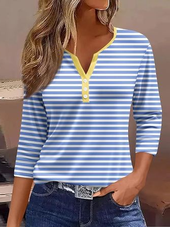 Three Quarter Sleeve V Neck Striped Casual Regular T-Shirt